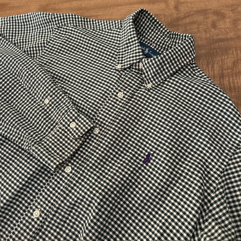Ralph Lauren Button Down Shirt Large Custom Fit Green Cream Gingham Check
BB - Picture 9 of 14